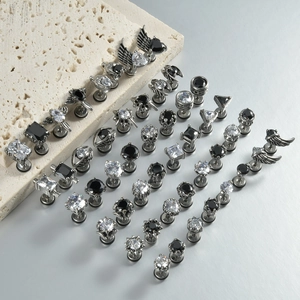 Gothic stainless steel stud earring set with black and white zircon stone accents