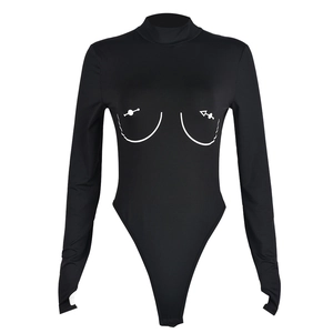 Detail of black long sleeve bodysuit featuring minimalist white linear chest print design