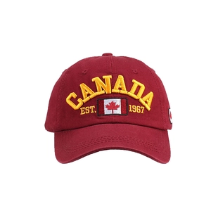 Classic burgundy cotton baseball cap featuring Canada embroidery and flag on front