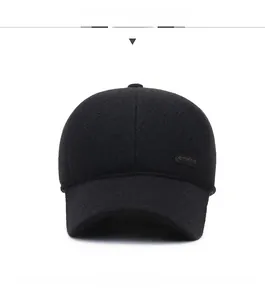 Close-up of black wool baseball cap with SPORT rectangular patch for elderly men