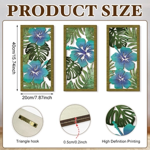 Tropical wooden wall art set with hibiscus and monstera leaf prints, 40x20cm size