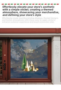 Detail of green Christmas tree window stickers with gold snowflakes on a glass door