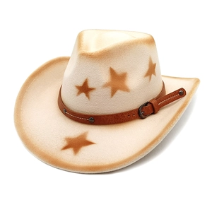 Retro cream wide-brim cowboy hat with brown stars and leather buckle band