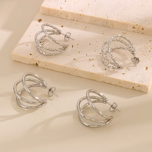 French vintage silver stainless steel C-shape earrings with twisted and multi-layer design