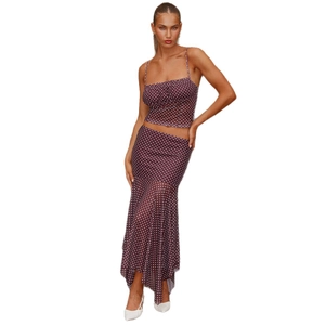 Brown polka dot two-piece set featuring a cropped camisole and asymmetrical skirt