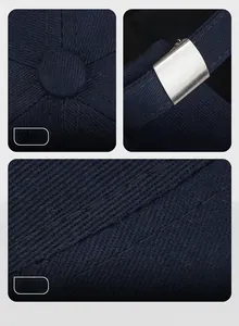 Detail of navy cotton skull cap with metal buckle adjustment and precision stitching
