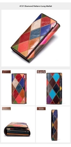 Détails du portefeuille long en cuir véritable pour femme avec motif de losanges colorés