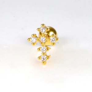 Cross cartilage stud earring with micro-pave zircons and gold finish for women