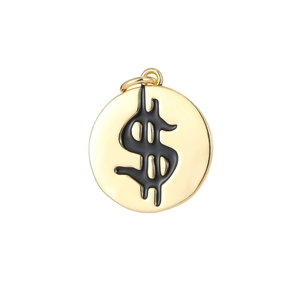Polished gold round dollar sign pendant with a glossy metallic finish on a white background