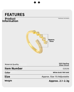 Detailed specs of S925 sterling silver ring with geometric zircon in gold and silver
