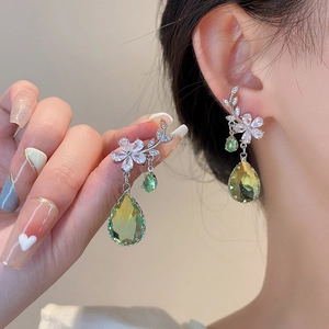 French vintage floral zircon drop earrings with yellow-green gradient crystals for women