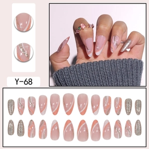 Pink and white gradient almond press-on nails with gold glitter and white lines, 24pcs