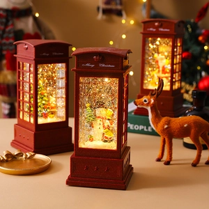Retro red Santa Claus telephone booth water globe lantern with festive LED lighting and snow