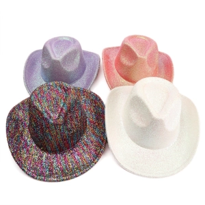 Top view of sparkling western cowboy hats in diverse metallic colors for party wear