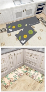Detail of waterproof kitchen mats in lemon and bunny designs for oil-resistant flooring