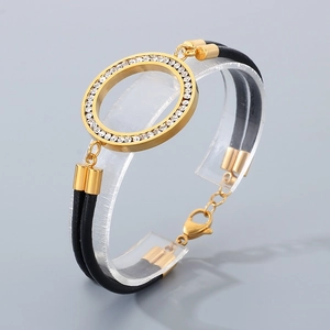 Men's multilayer black leather bracelet with a gold crystal-encrusted circular charm