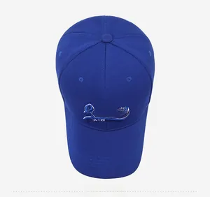 Detailed top view of navy blue baseball cap showing 3D embroidered lettering and mesh fabric