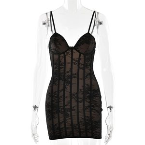 Sexy schwarzes Spitzen-Minikleid mit Spaghettiträgern und strukturierter Korsett-Mieder-Optik