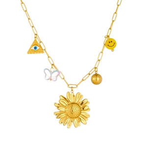 Collier multi-pendentifs soleil et papillon en acier inoxydable plaqué or 18 carats