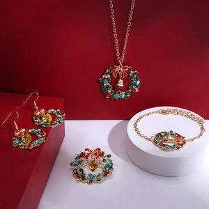 Christmas Jewelry Set Alloy Rhinestone Enamel Reindeer Wreath Snowflake Necklace Earrings Bracelet Brooch Holiday Party