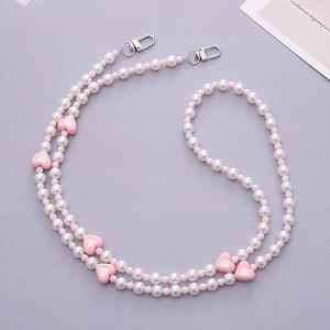 Catena per cellulare con cuore rosa e perle bianche e chiusura a moschettone argento