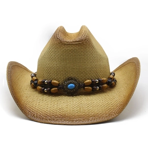 Ethnic style straw cowboy hat with turquoise bead band and stiff curved brim