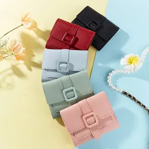 Damen Kurze Geldbörse Lychee Textur PU Leder Einfarbig Schnalle Trifold Kartenhalter Elegant Mode Portemonnaie