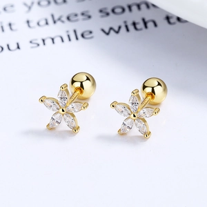 Pair of gold S925 sterling silver star stud earrings with zircon stones and screw backs