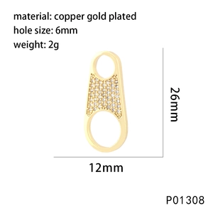 Detail showing 26mm gold plated trapezoid pendant with zircon inlay and 6mm hole size
