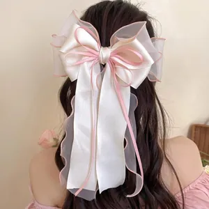 Oversized Bow Hair Clip With Long Streamers Satin Mesh Ribbon French Elegant Layered Spring Clip For Women Girls