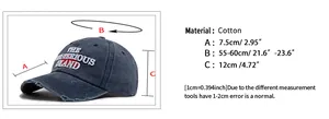 Size chart for washed cotton baseball cap with adjustable brim and head circumference