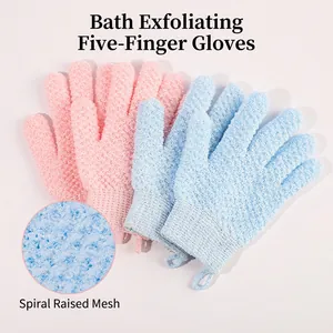 Thickened five-finger exfoliating bath gloves with spiral mesh texture and wrist lanyard