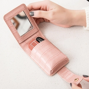 Pink crocodile-texture PU leather lipstick pouch with built-in mirror and compact flip design