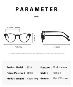 Detailed sizing chart and specifications for vintage round frame polarized sunglasses