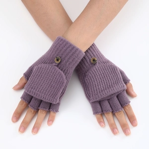 Detail of purple striped knitted convertible gloves with button closure and flip top cap