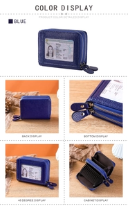 Blue lychee pattern leather card holder with dual zippers and transparent ID window