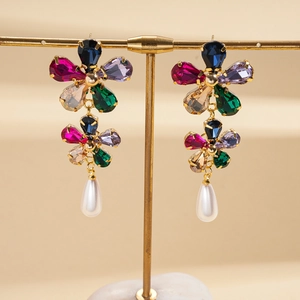 18k gold plated flower earrings with colorful crystals and teardrop pearl drops