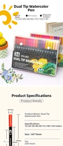 Dual-tip watercolor marker showing brush and fine tips with vibrant color strokes