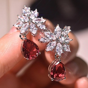 Copper Flower Drop Earrings With Pear Shaped Red Zircon And Marquise Stones Elegant Jewelry For Women