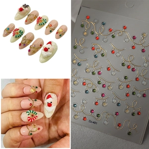 5D Embossed Nail Stickers Christmas Holiday Decoration Golden Lines Colorful Gems Snowflakes Self Adhesive Manicure Art