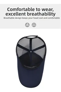 Detail of dark blue trucker hat featuring high-density breathable mesh and white embroidery
