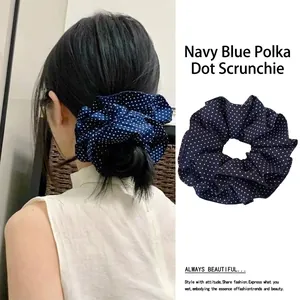 Großer Übergroßer Scrunchie Marineblau Weiß Polka Dot Stoff Gelaagt Plissee Rüschen Elastisches Haargummi