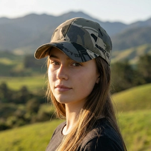 Outdoor camouflage baseball cap with Navy Seal embroidery against a scenic mountain view