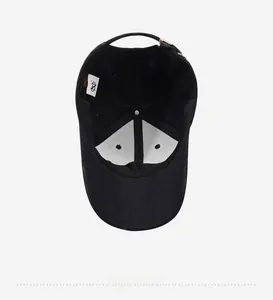 Internal view of black baseball cap showing cotton stitching and metal buckle