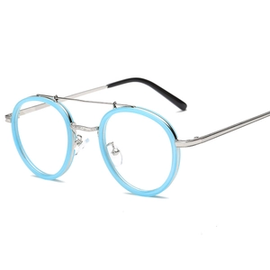 Montatura per occhiali tondi rétro in metallo azzurro con design a doppio ponte