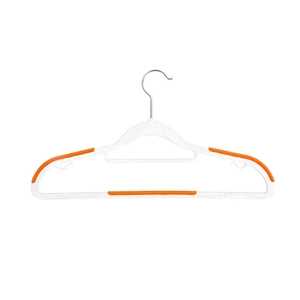 Non-slip plastic clothing hangers with orange rubber grips and metal hooks for home laundry