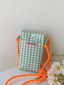 Gingham Check Canvas Phone Crossbody Bag Mini Square Shoulder Purse With Contrast Knot Rope Strap Casual Fashion For Women