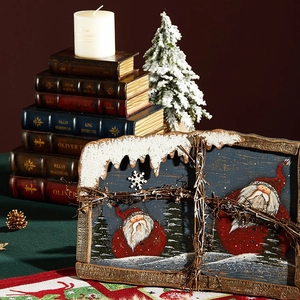 Retro Christmas Santa Claus wall hanging decor with lights and rustic wood frame