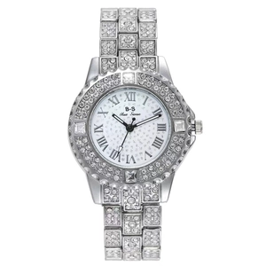 Luxury silver ladies watch featuring full rhinestone embellishments and a glitter dial