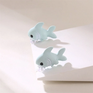 Cute mini light blue shark stud earrings for women with a minimalist 3D animal design